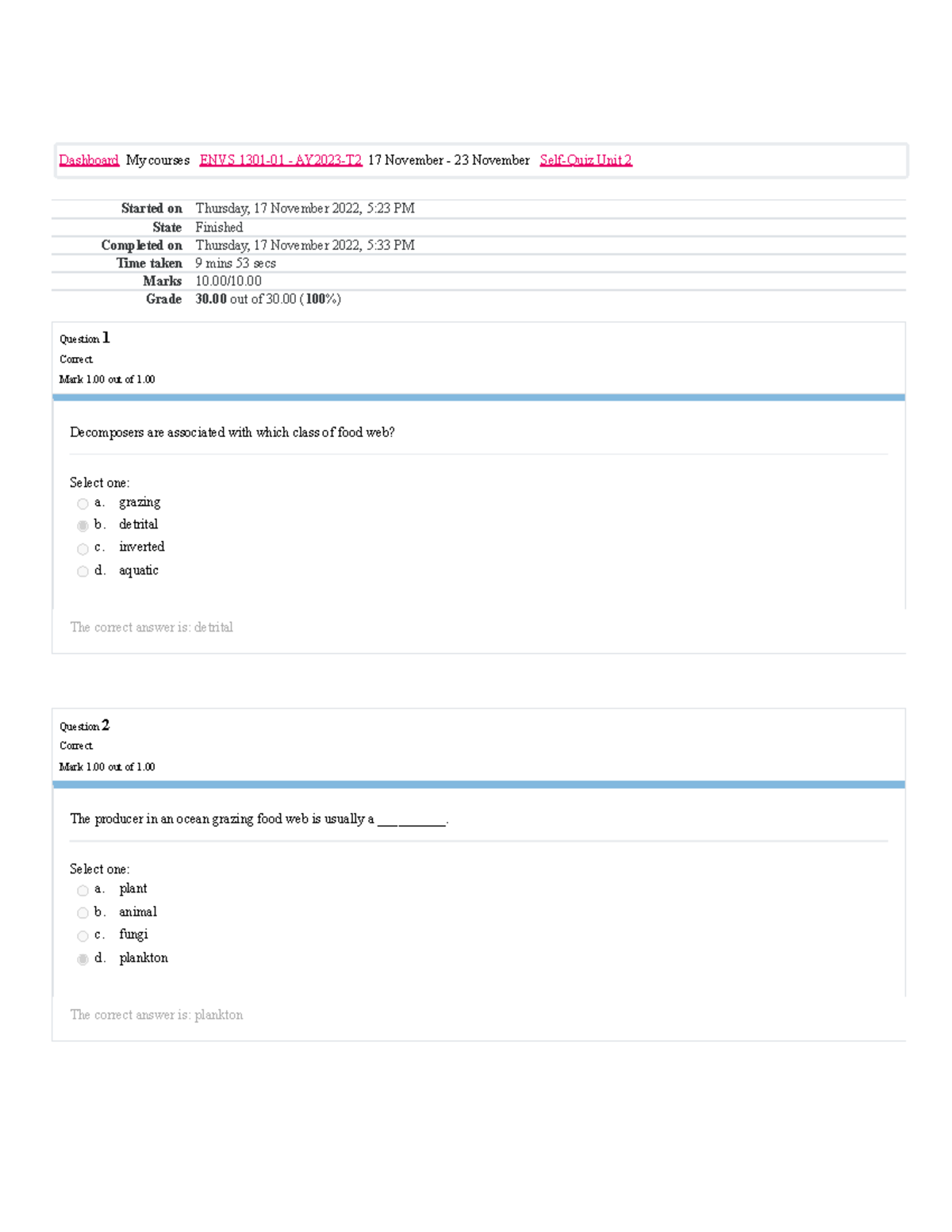 ENVS 1301 Self-Quiz Unit 2 Attempt Review - Started On Thursday, 17 ...