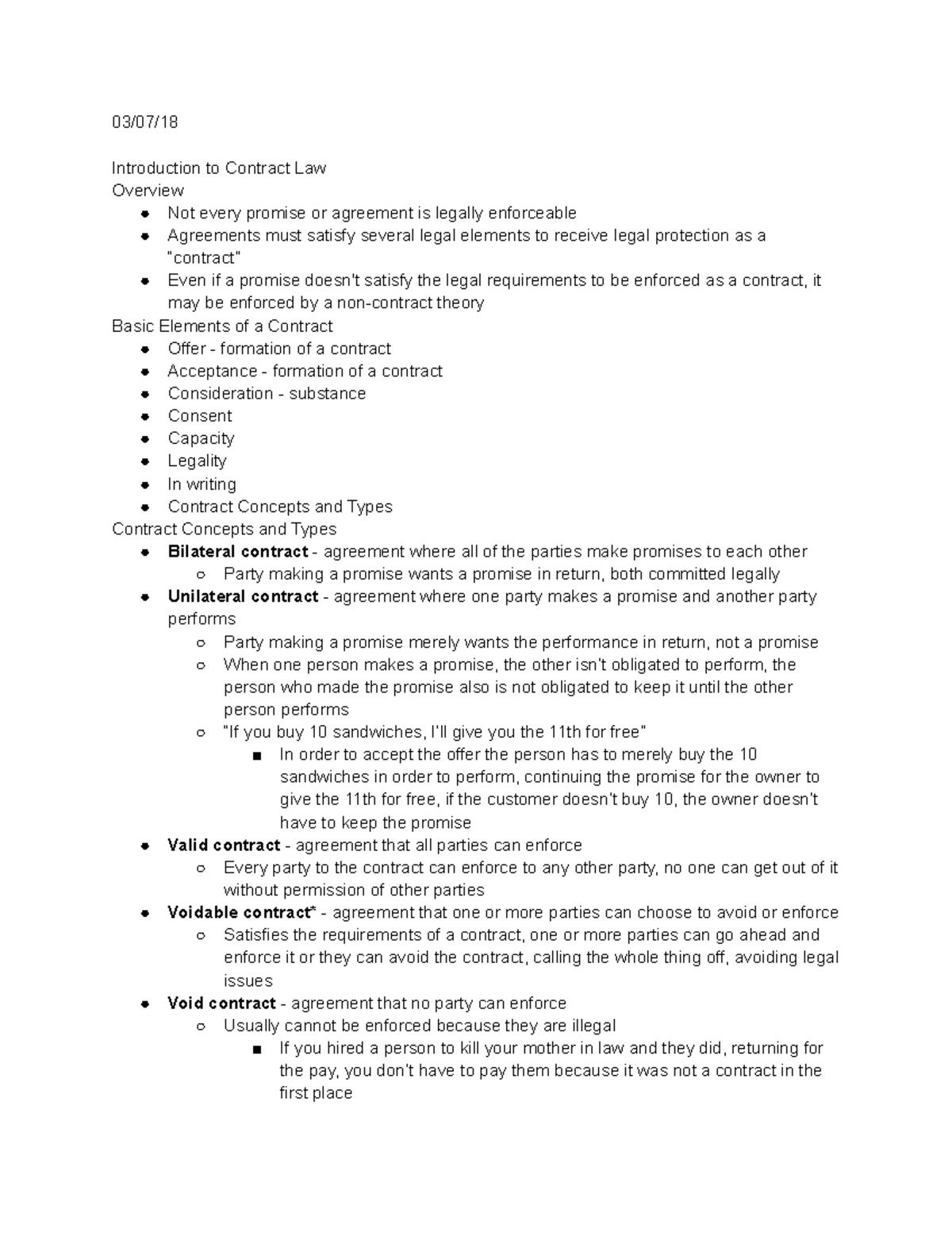 03 07 18 - Lecture notes 12 - 03/07/ Introduction to Contract Law ...