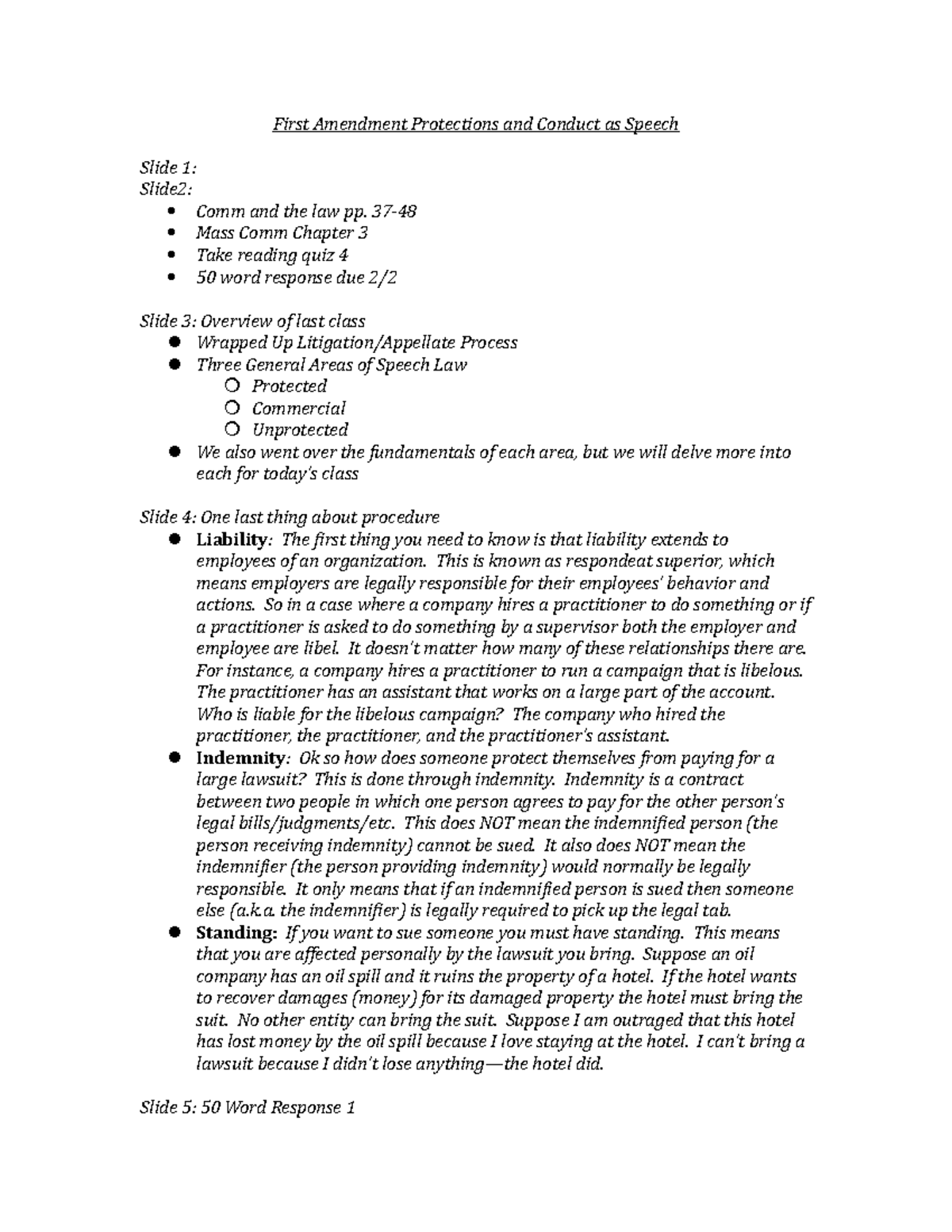 First Amendment Protections and Conduct as Speech notes lecture 5 ...