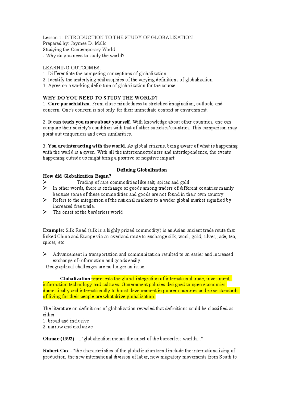 The contemporary world lesson 1 - Lesson 1: INTRODUCTION TO THE STUDY ...