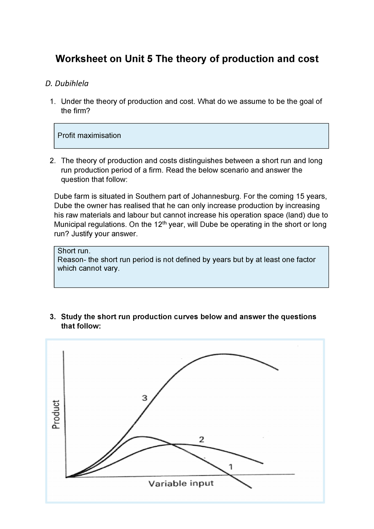 Economics Worksheet 5 Worksheet On Unit 5 The Theory Of Production 