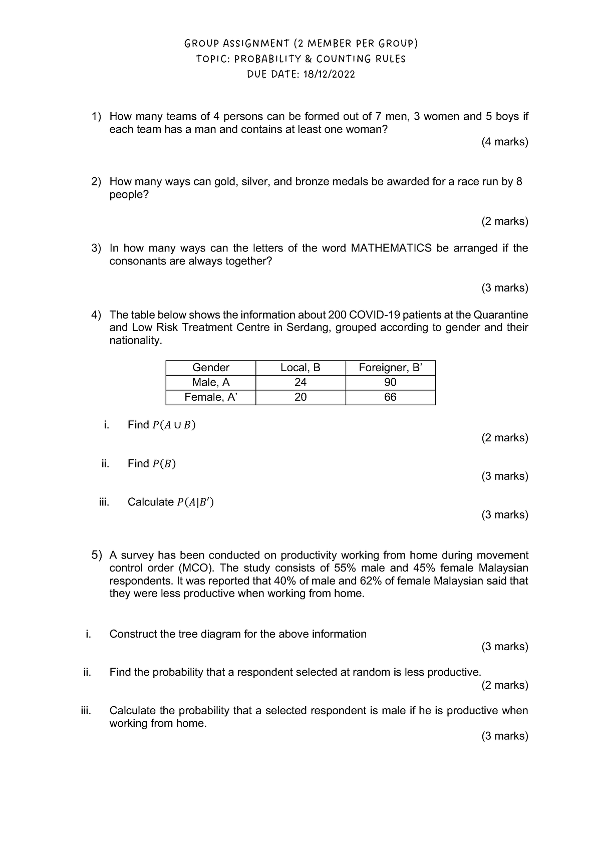 20224 Assignment 2 Probability AND Counting Rules - GROUP ASSIGNMENT (2 ...