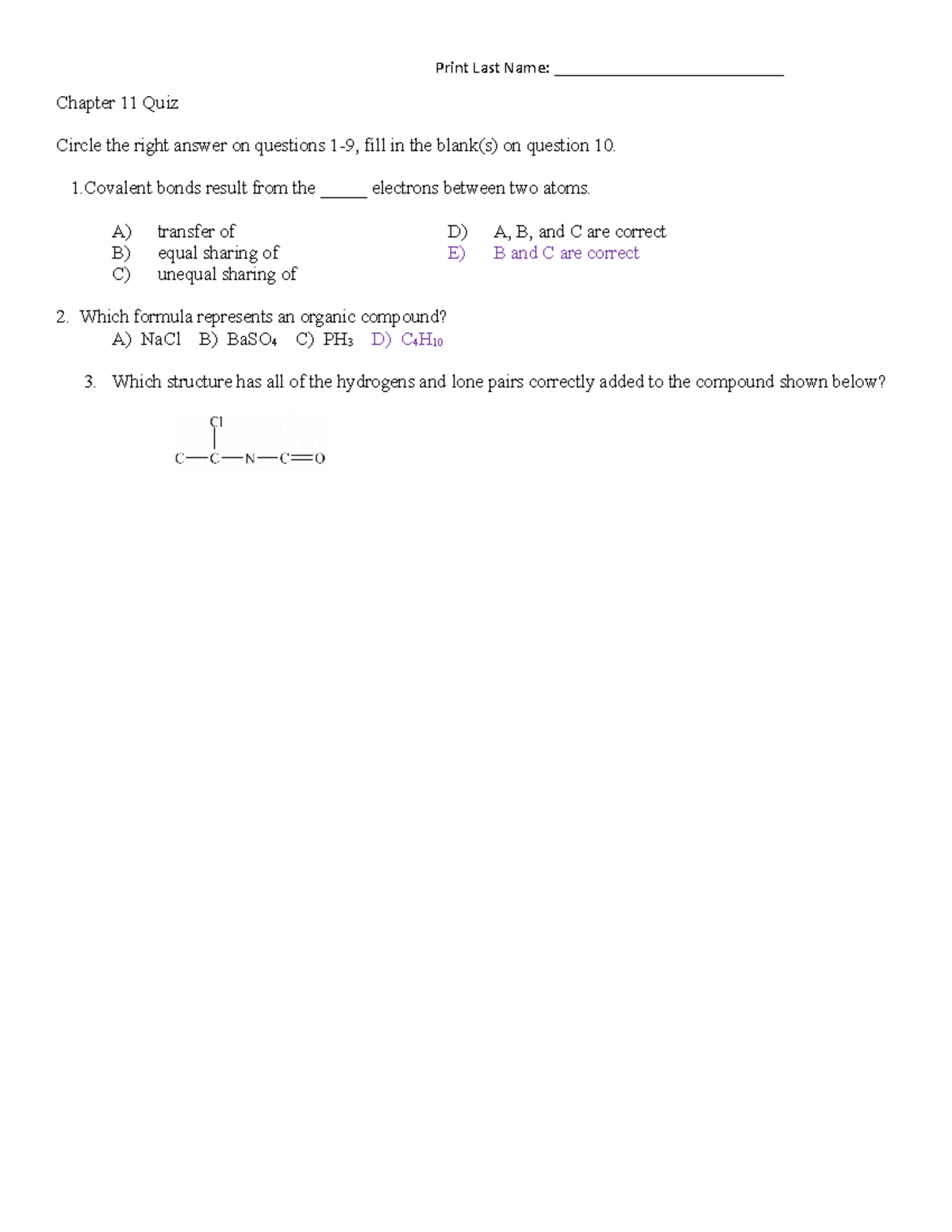 Biochem-Chapter 11 Quiz - Chapter 11 Quiz Circle the right answer on ...