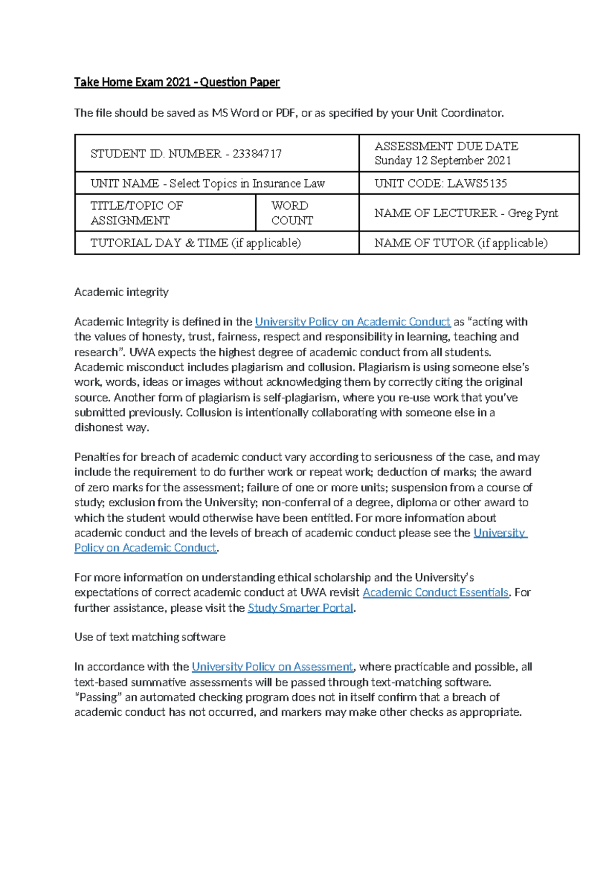 Topics of Insurance - Take Home Exam 2021 - Question Paper Load Up ...