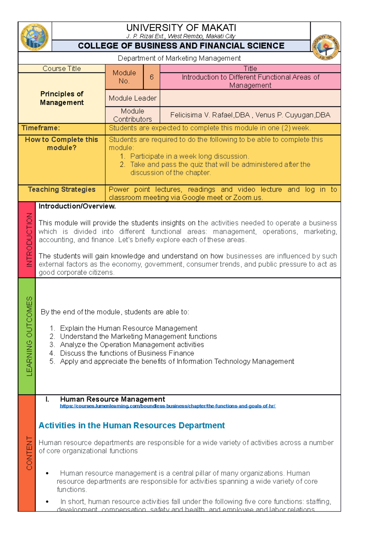 Mngmt Module 6 - Thank You. - UNIVERSITY OF MAKATI J. P. Rizal Ext ...