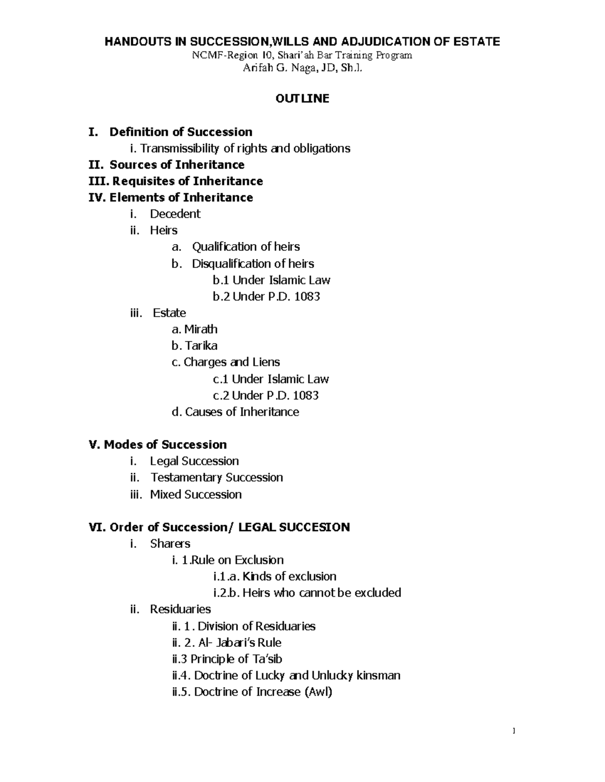 Handout-on-succession - Ncmf-region 10, Shari’ah Bar Training Program 