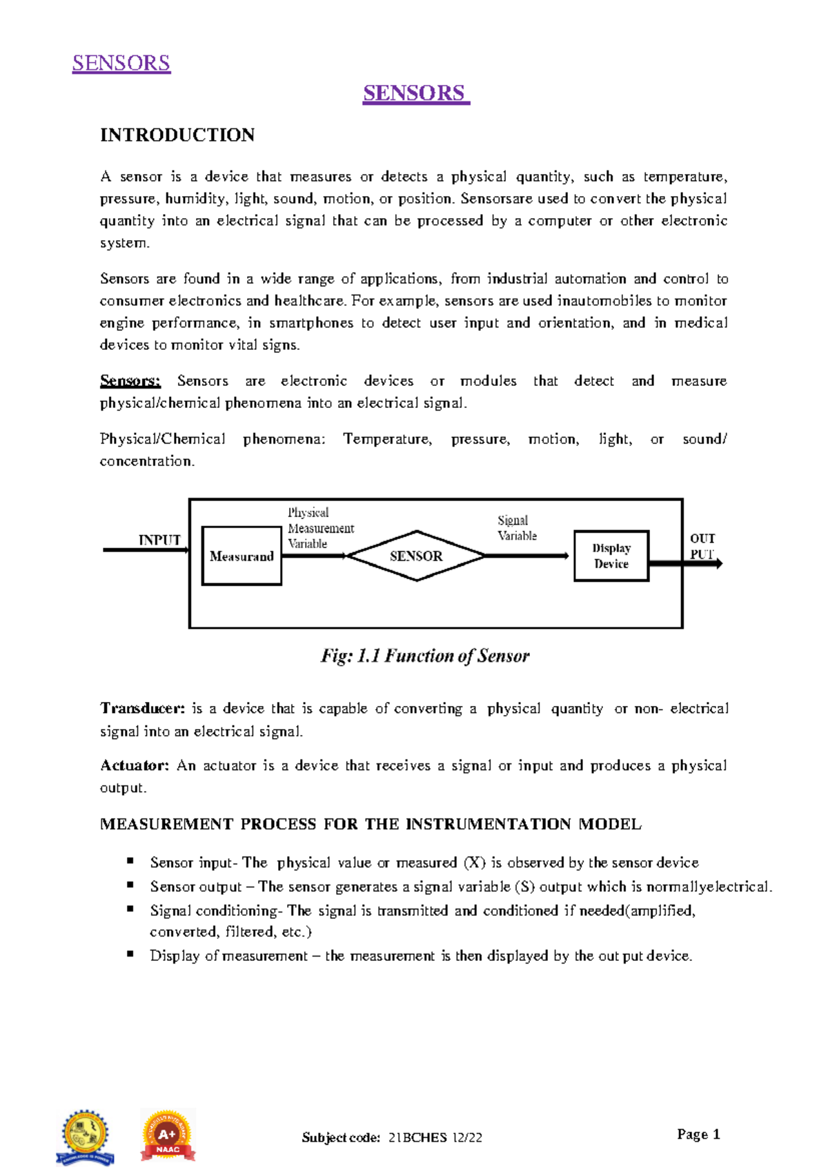 Module 1 Sensors sensor notes SENSORS INTRODUCTION A sensor is a