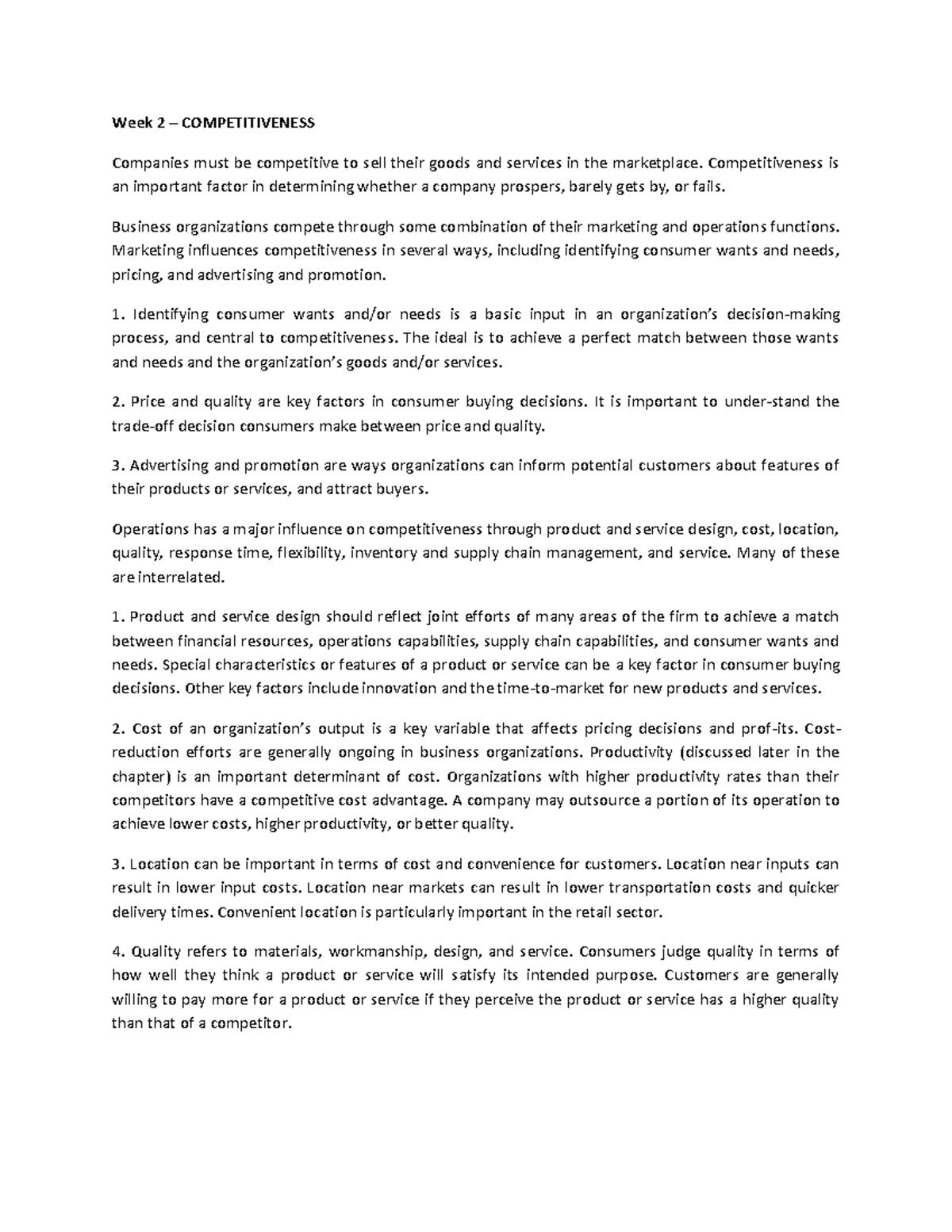 Week 2 Omtqm - Lecture notes 2 - Week 2 – COMPETITIVENESS Companies ...