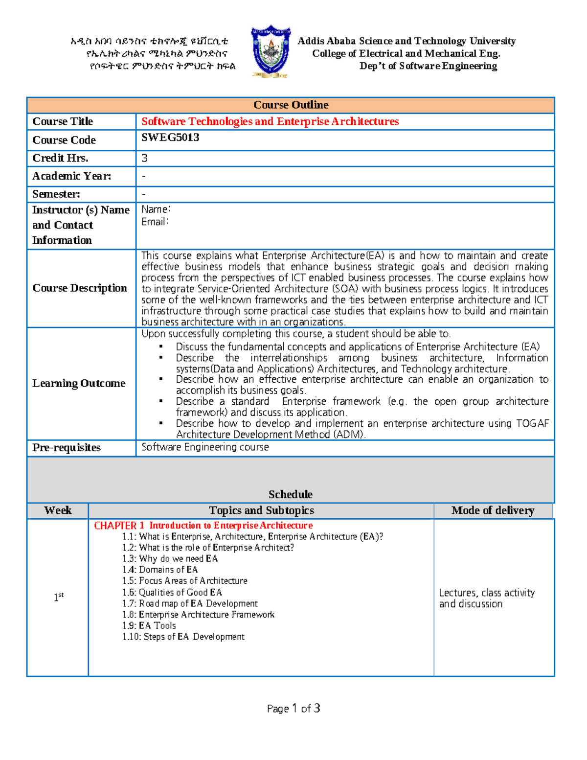 Course Outline Software Technologies and Enterprise Architectures - አዲስ ...