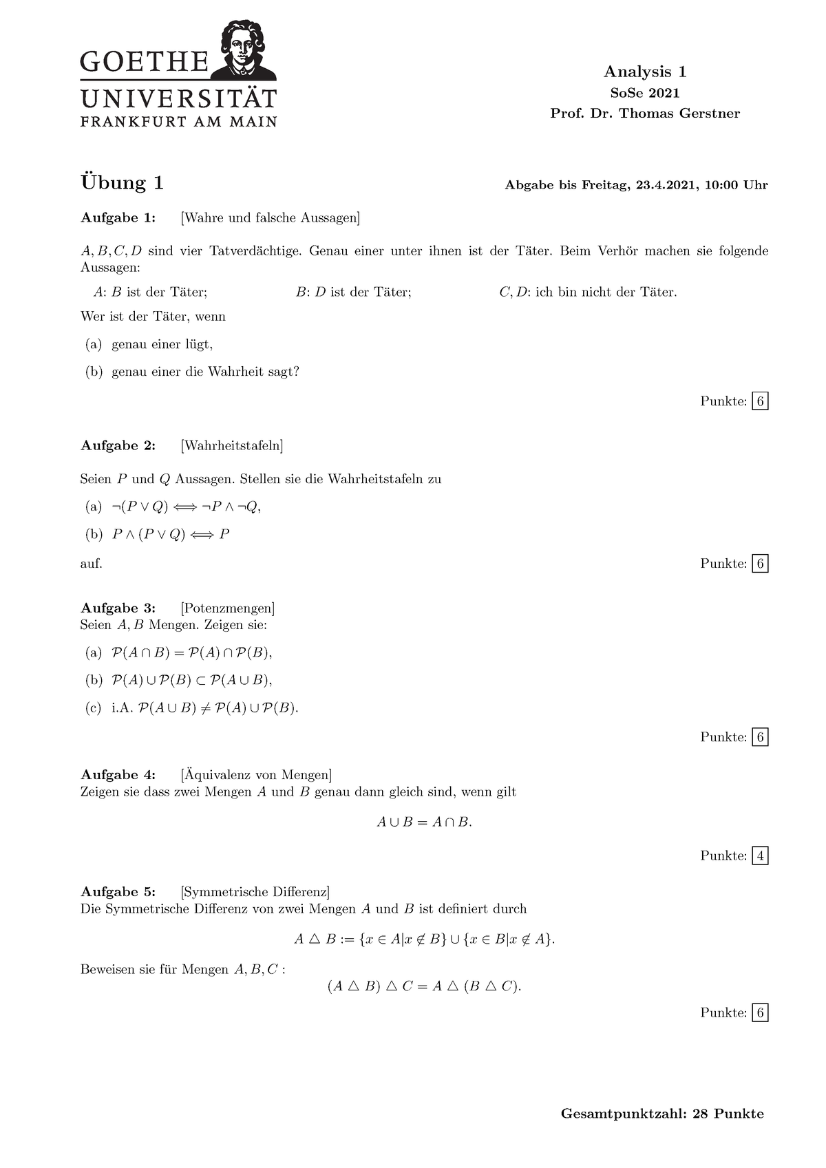 1. Übungsblatt Aufgaben Analysis 1 - Analysis 1 SoSe 2021 Prof. Dr ...