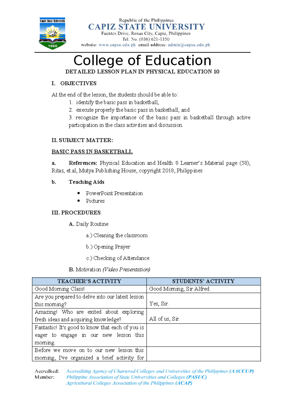 Detailed Lesson PLAN IN Physical Education ( Martus) - DETAILED LESSON ...