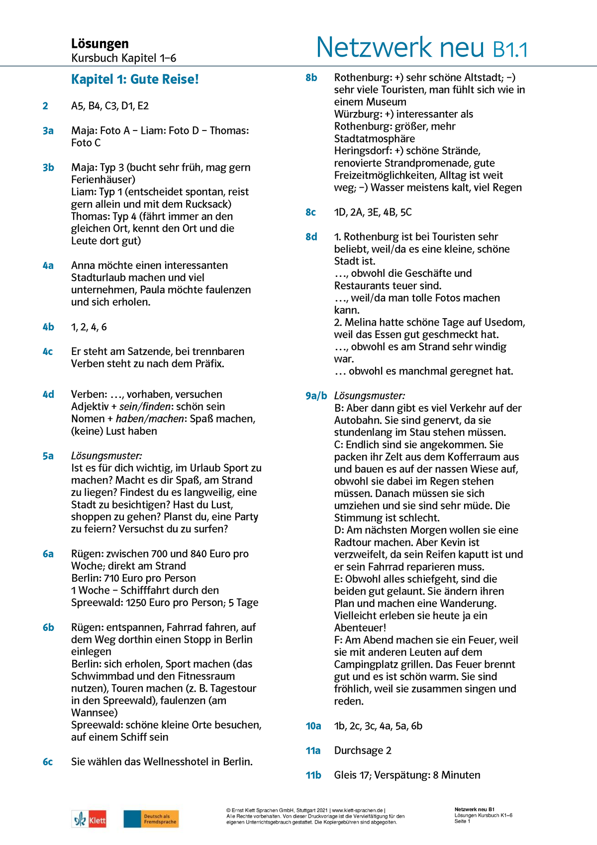 NWneu B1 KB K1-6 Loesungen - Kursbuch Kapitel 1– 6 © Ernst Klett ...