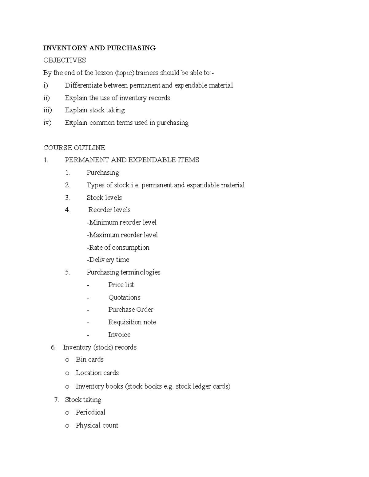 Inventory AND Purchasing - INVENTORY AND PURCHASING OBJECTIVES By the ...