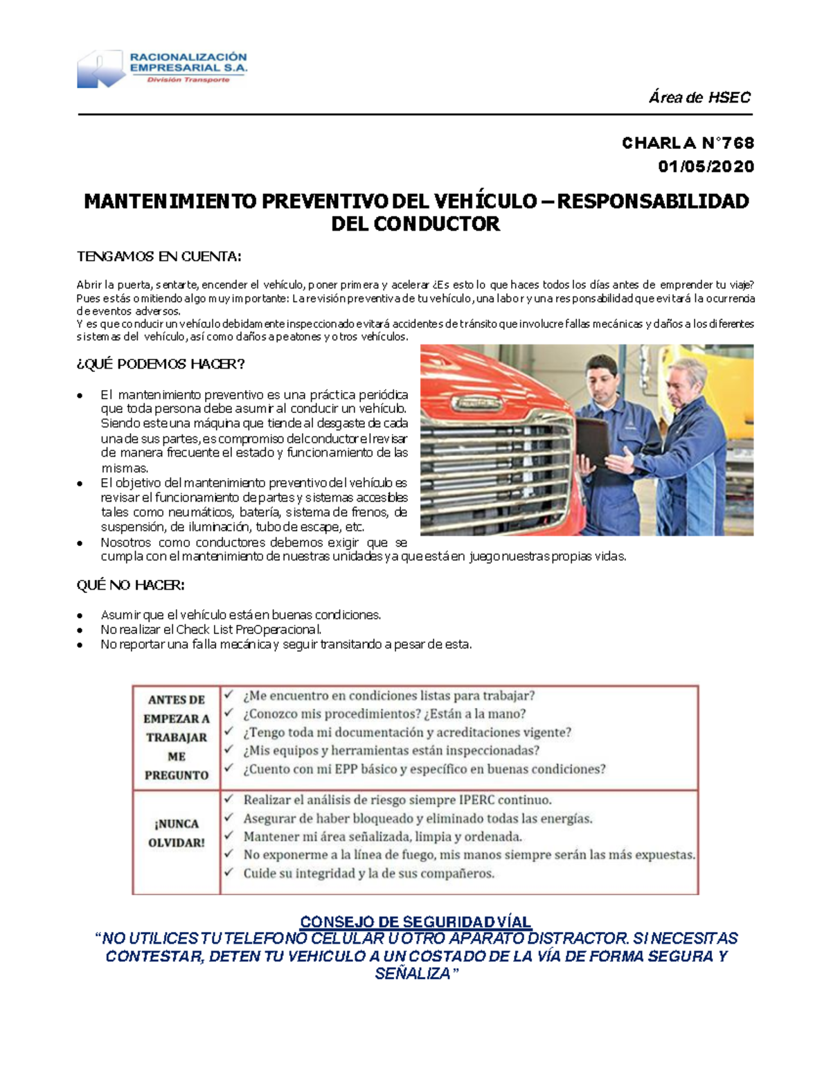 Charla Nø768-202005 01-Mantenimiento Preventivo - Área De HSEC CHARLA N ...