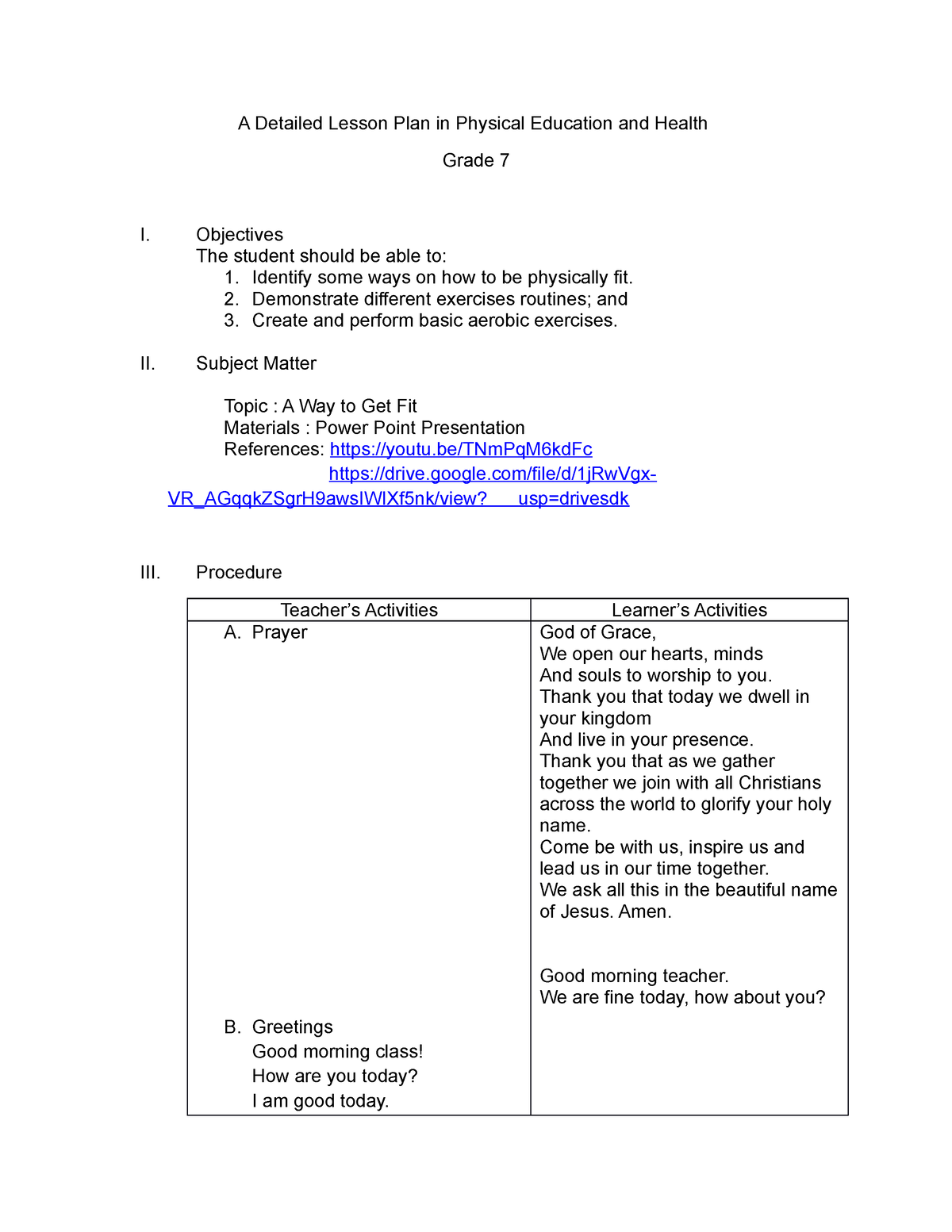 physical education lesson plan for grade 3