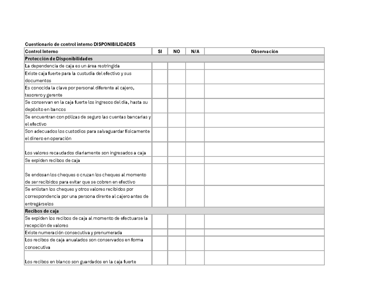 Cuestionario CCI disponibilidades - Cuestionario de control interno