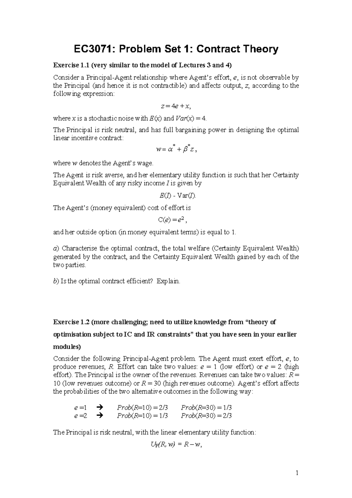 Problem Set 1 Contract Theory - 1 EC3071: Problem Set 1: Contract ...