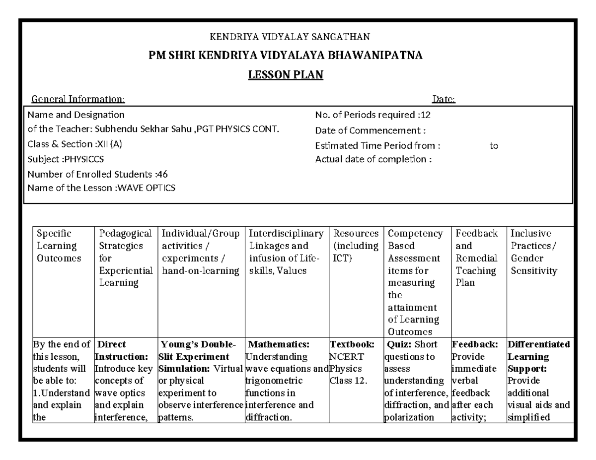 PHY Lesson Plan 12 S yy KENDRIYA VIDYALAY SANGATHAN PM SHRI