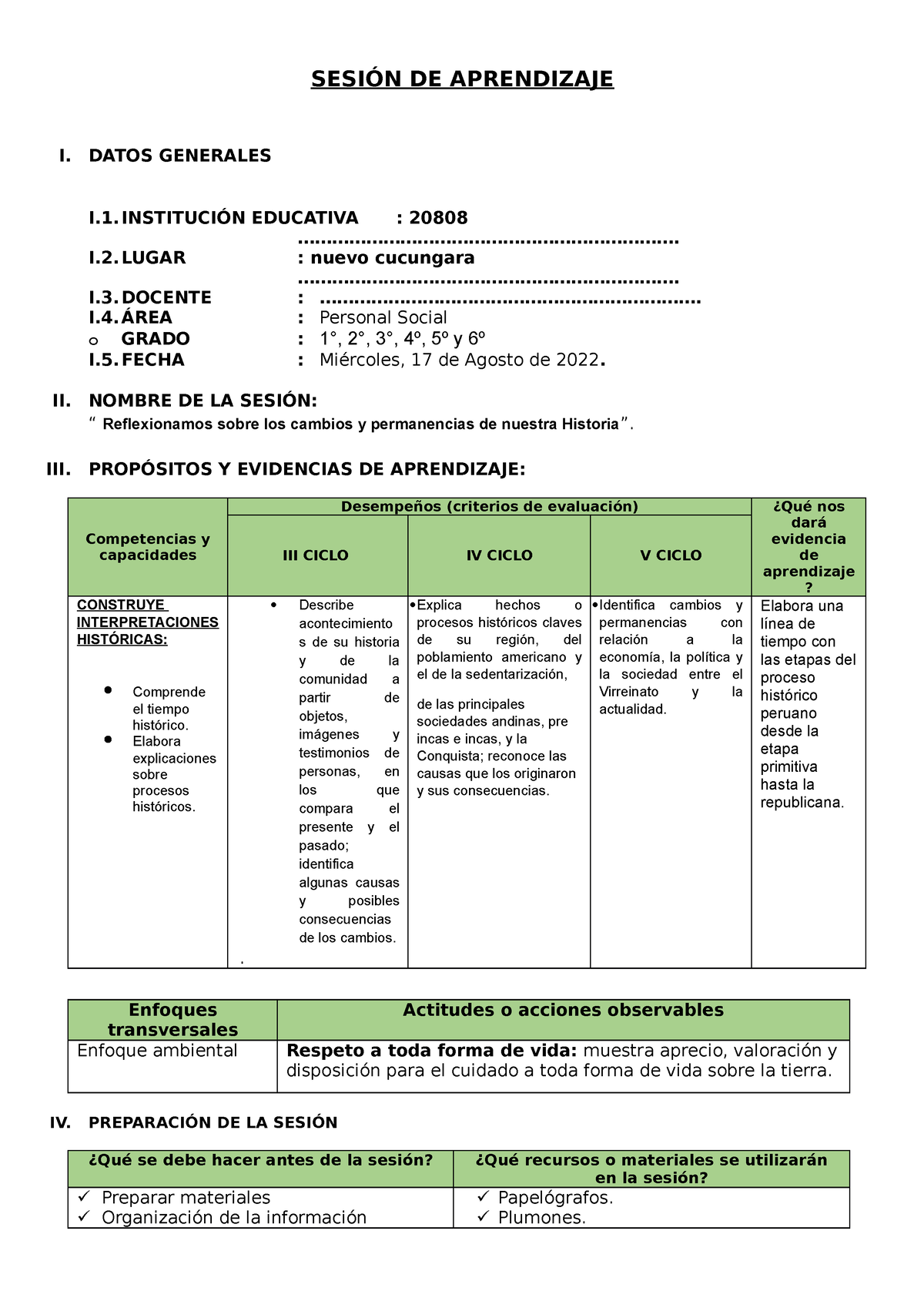 Sesión De Aprendizaje Ps Reflexionamos Sobre Los Cambios Y Permanencias De Nuestra Historia 1177