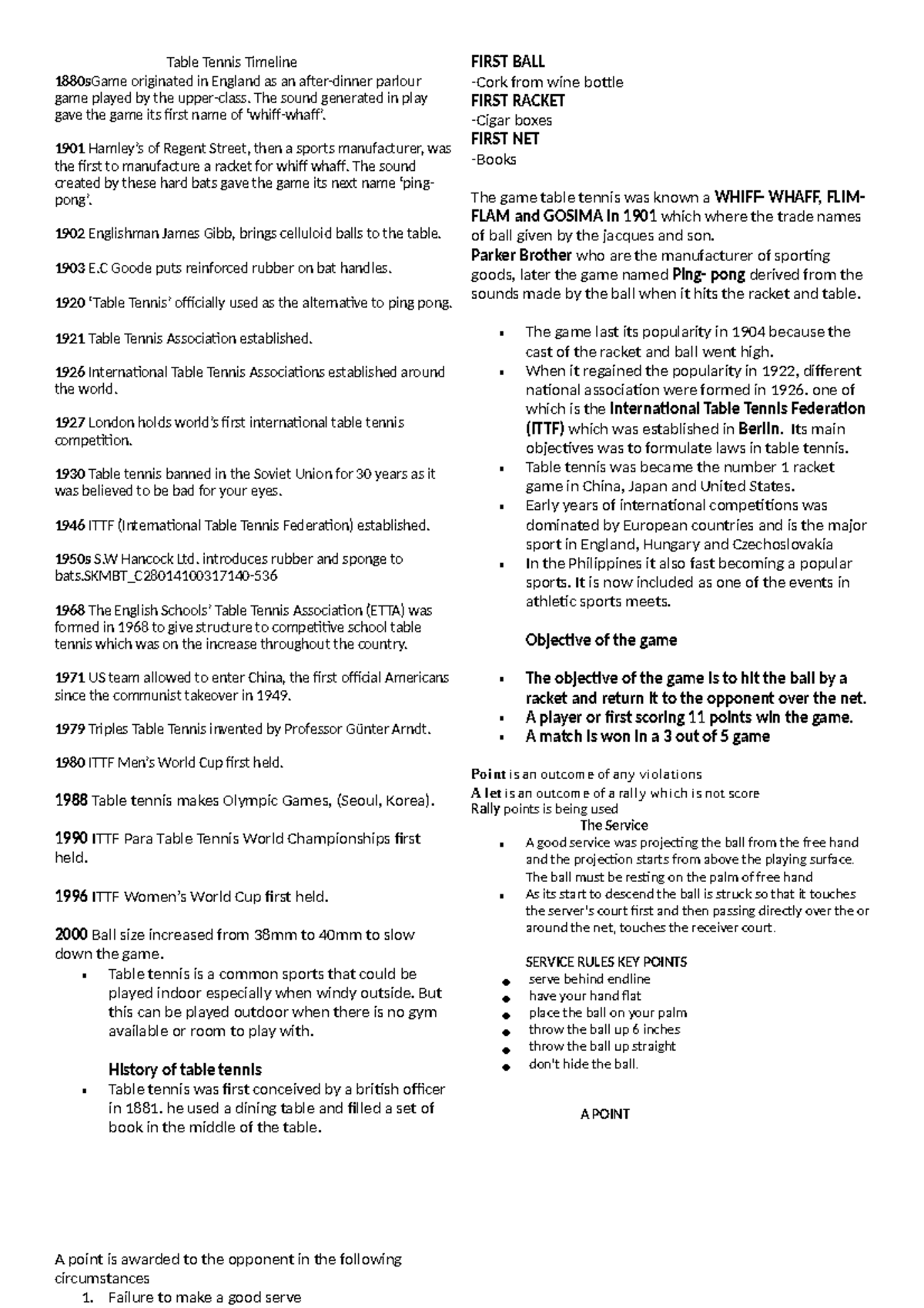 Table Tennis Notes Table Tennis Timeline 1880sGame originated in