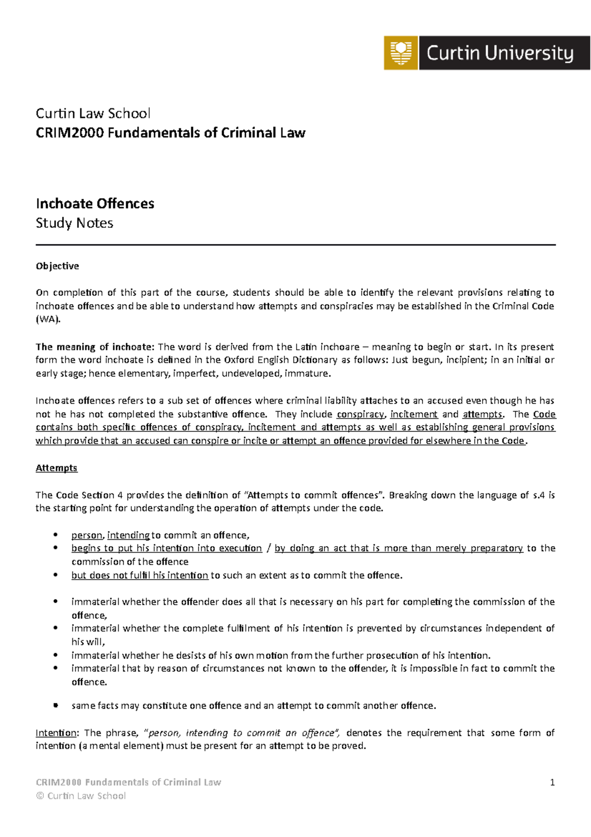Inchoate Offences - Study Notes - Curtin Law School CRIM2000 ...