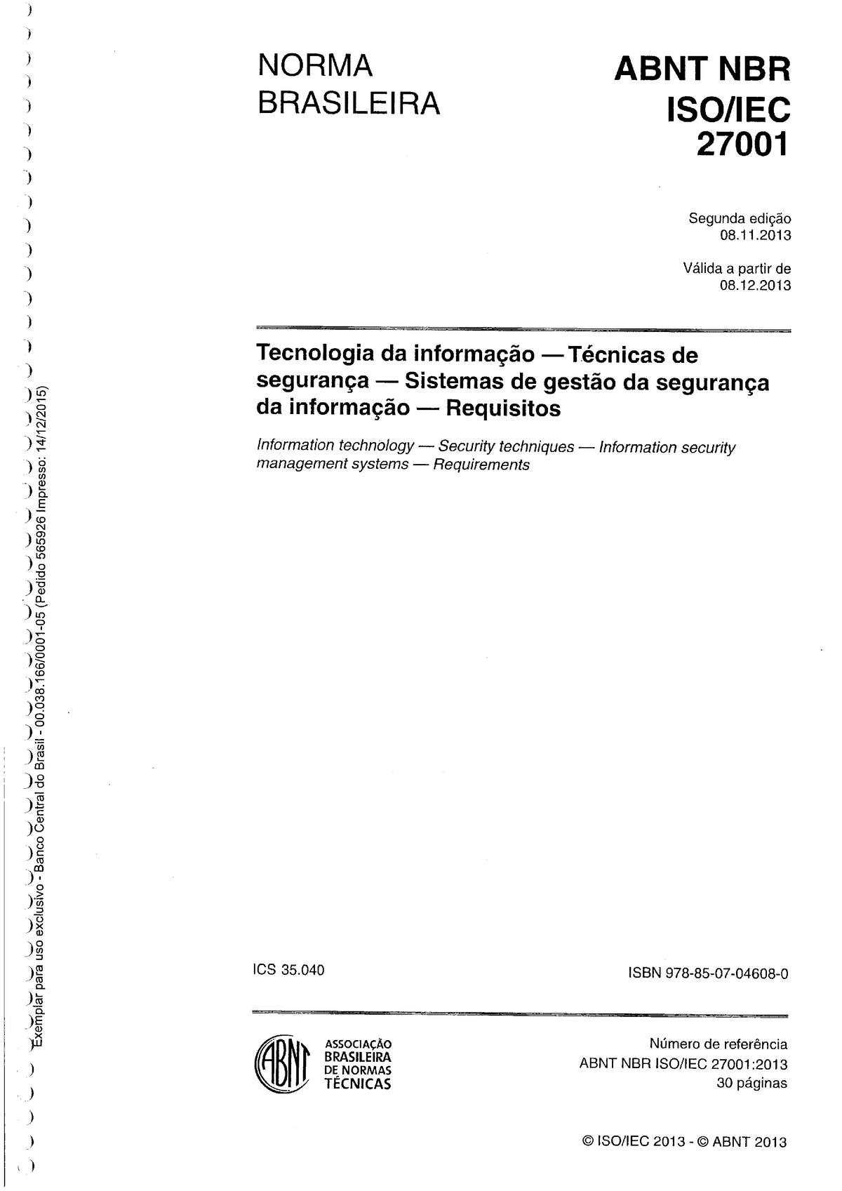 Abnt Nbr Iso 27001 Tecnologia Da Informação Técnicas De Segurança Sistemas De Gestão Da 6855