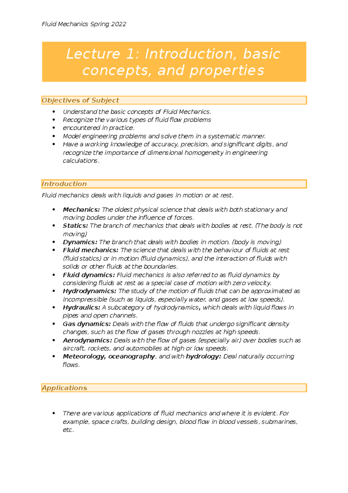 Fluid Mechanics Lecture Notes - Lecture 1: Introduction, Basic Concepts ...