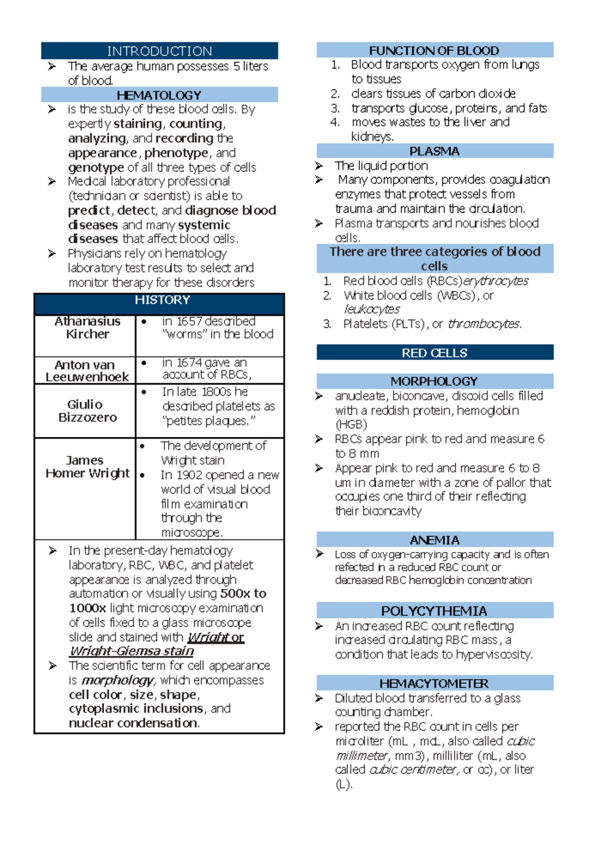 Hemalec-week1and2 - LECTURE NOTES - In the present-day hematology ...