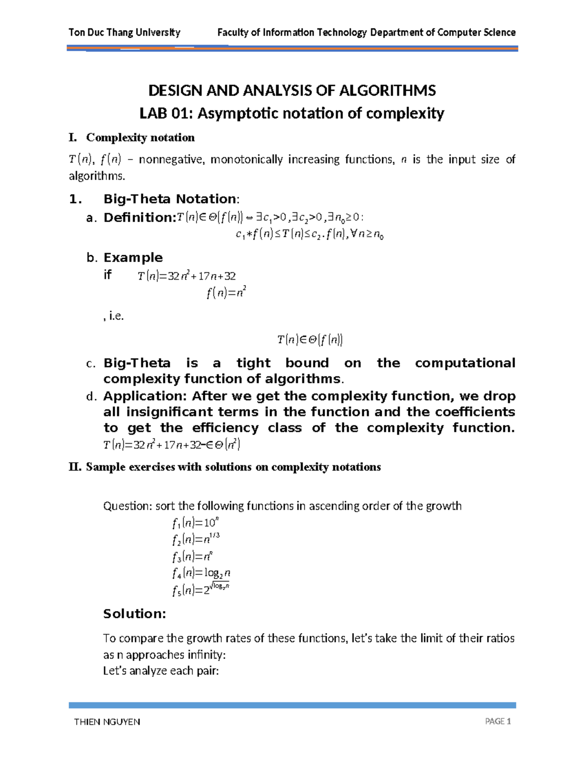 Lab01 Đề lab 0 DESIGN AND ANALYSIS OF ALGORITHMS LAB 01 Asymptotic