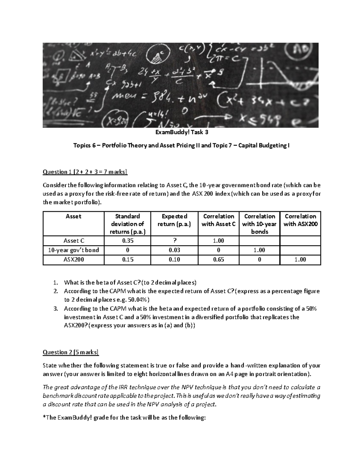Portfolio Theory and Asset Pricing II and Capital Budgeting I Exam ...