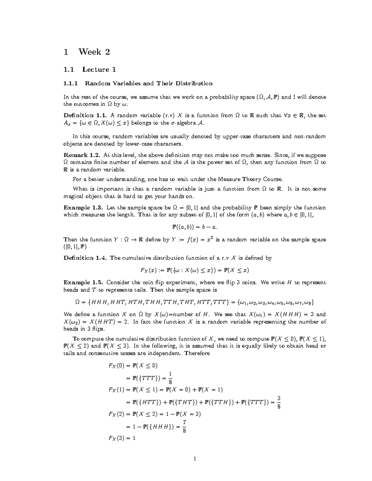 Week-2 - Lecture notes 2 - 1 Week 2 1 Lecture 1 1.1 Random Variables ...
