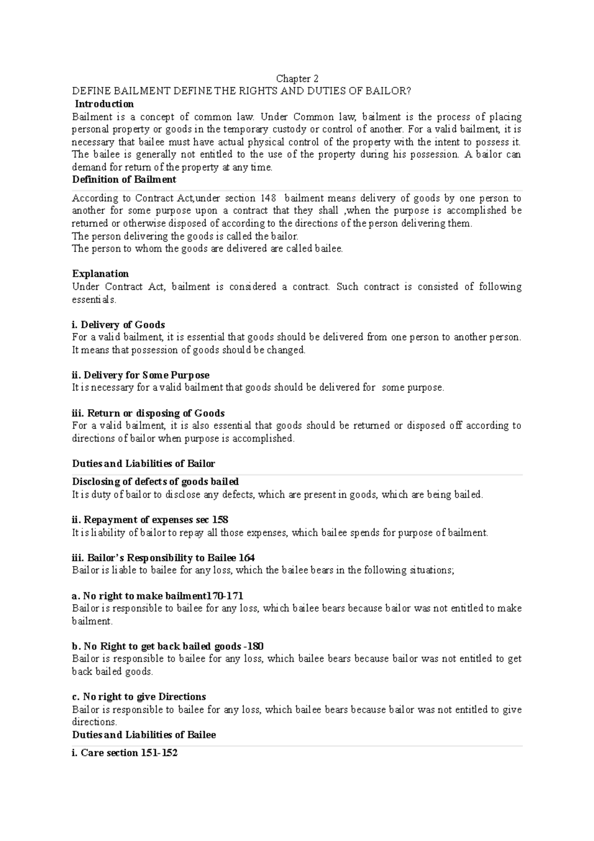 Chapter 2 Chapter 2 DEFINE BAILMENT DEFINE THE RIGHTS AND DUTIES OF