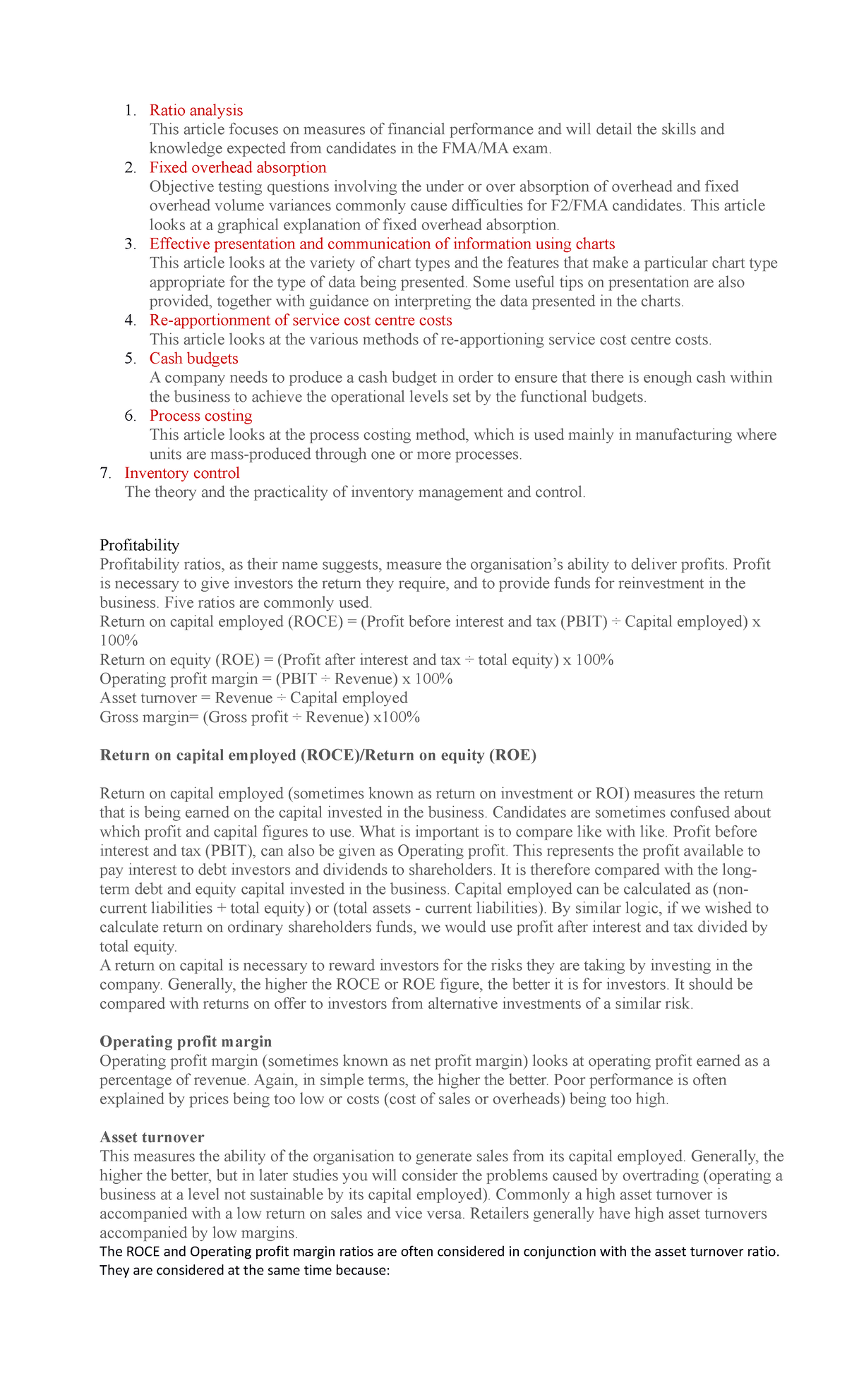 FMA SELF Study - FMA - Ratio analysis This article focuses on measures ...