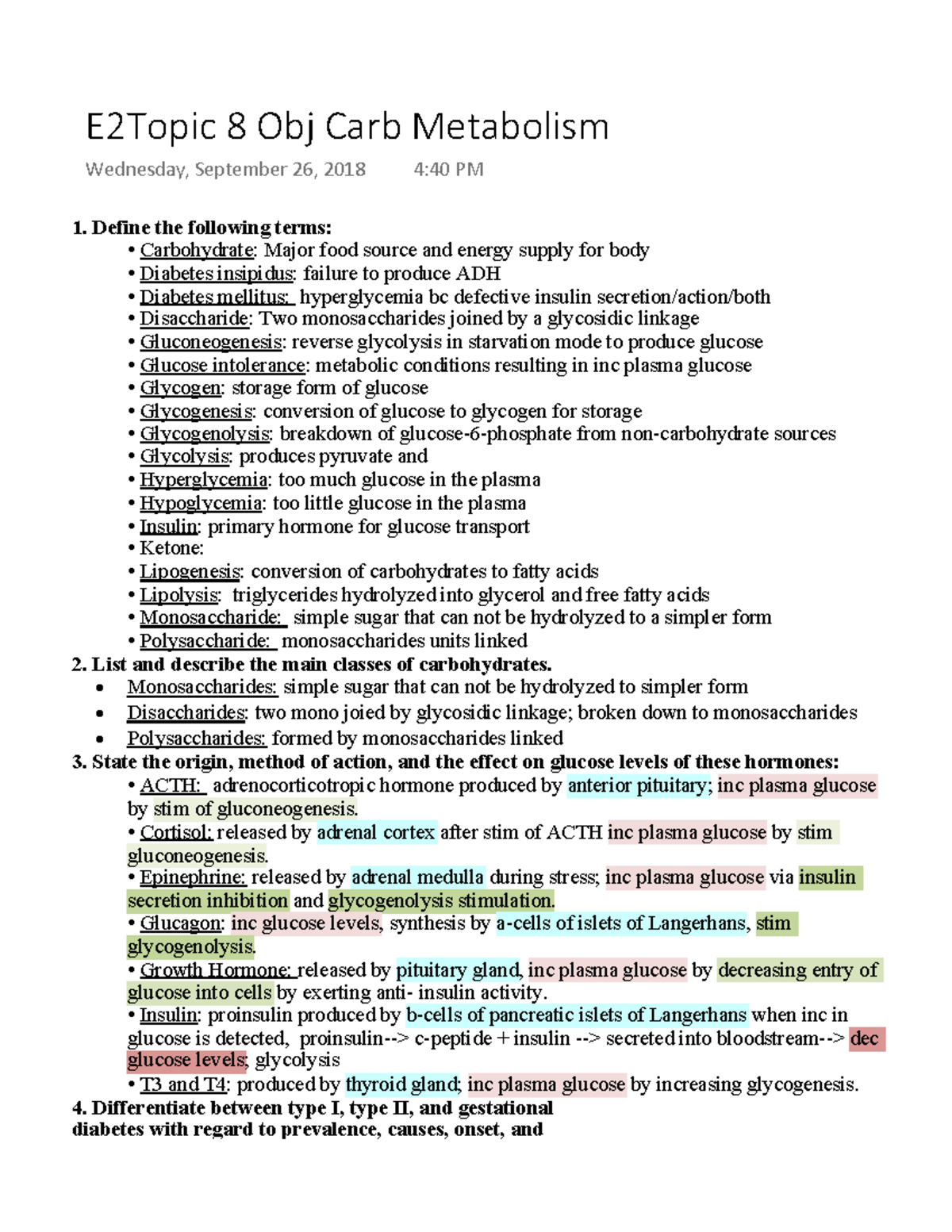 E2Topic 8 Obj Carb Metabolism Define the following terms
