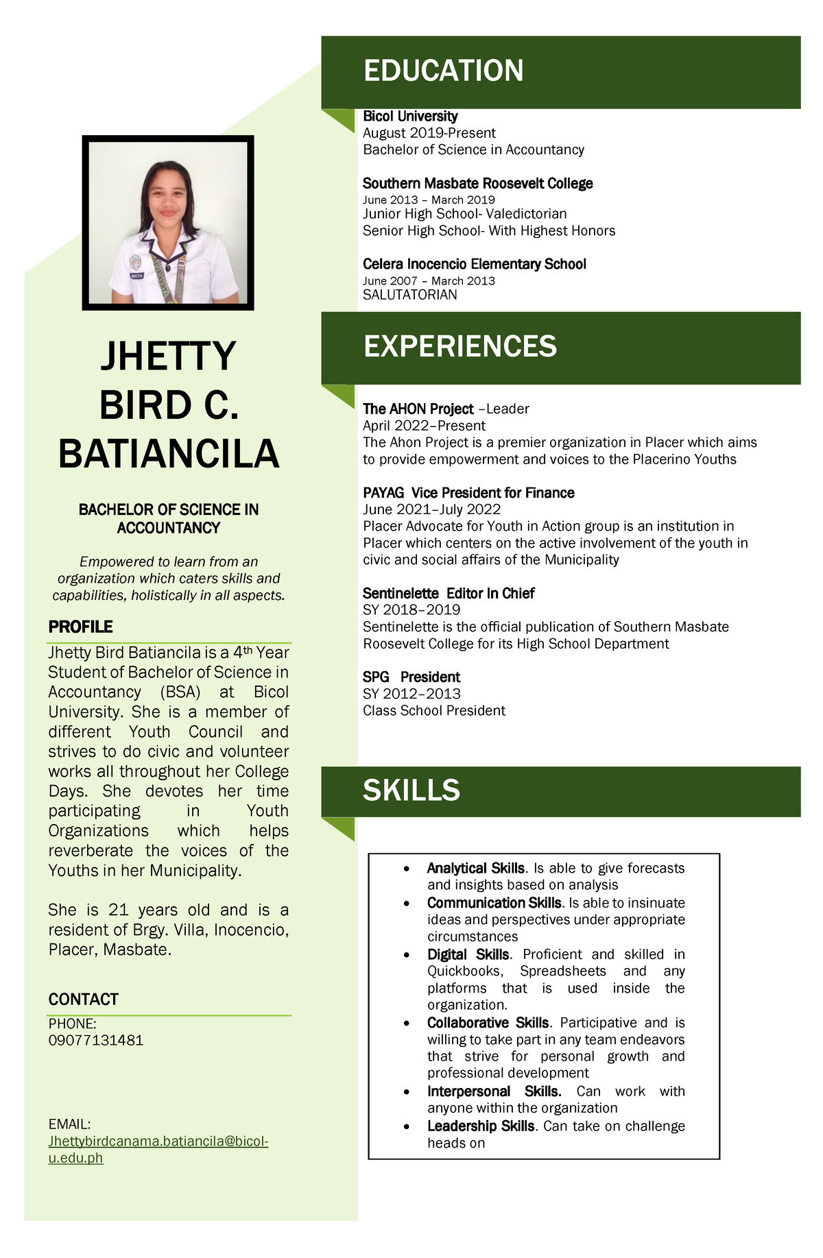 CV Batiancila - Curriculum Vitae - EDUCATION Bicol University August ...