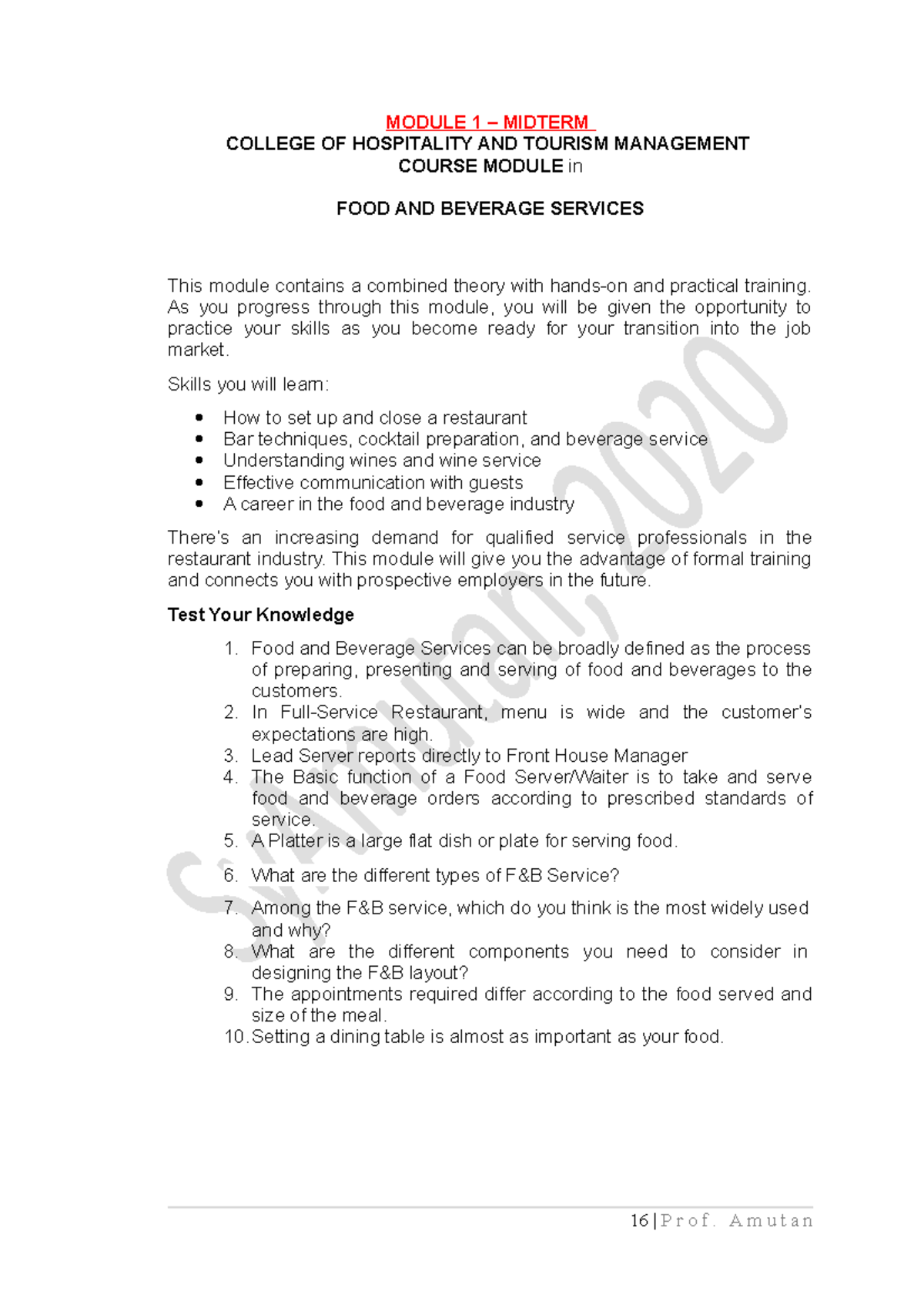 Lesson 1 Food And Beverage Organization - MODULE 1 – MIDTERM COLLEGE OF ...