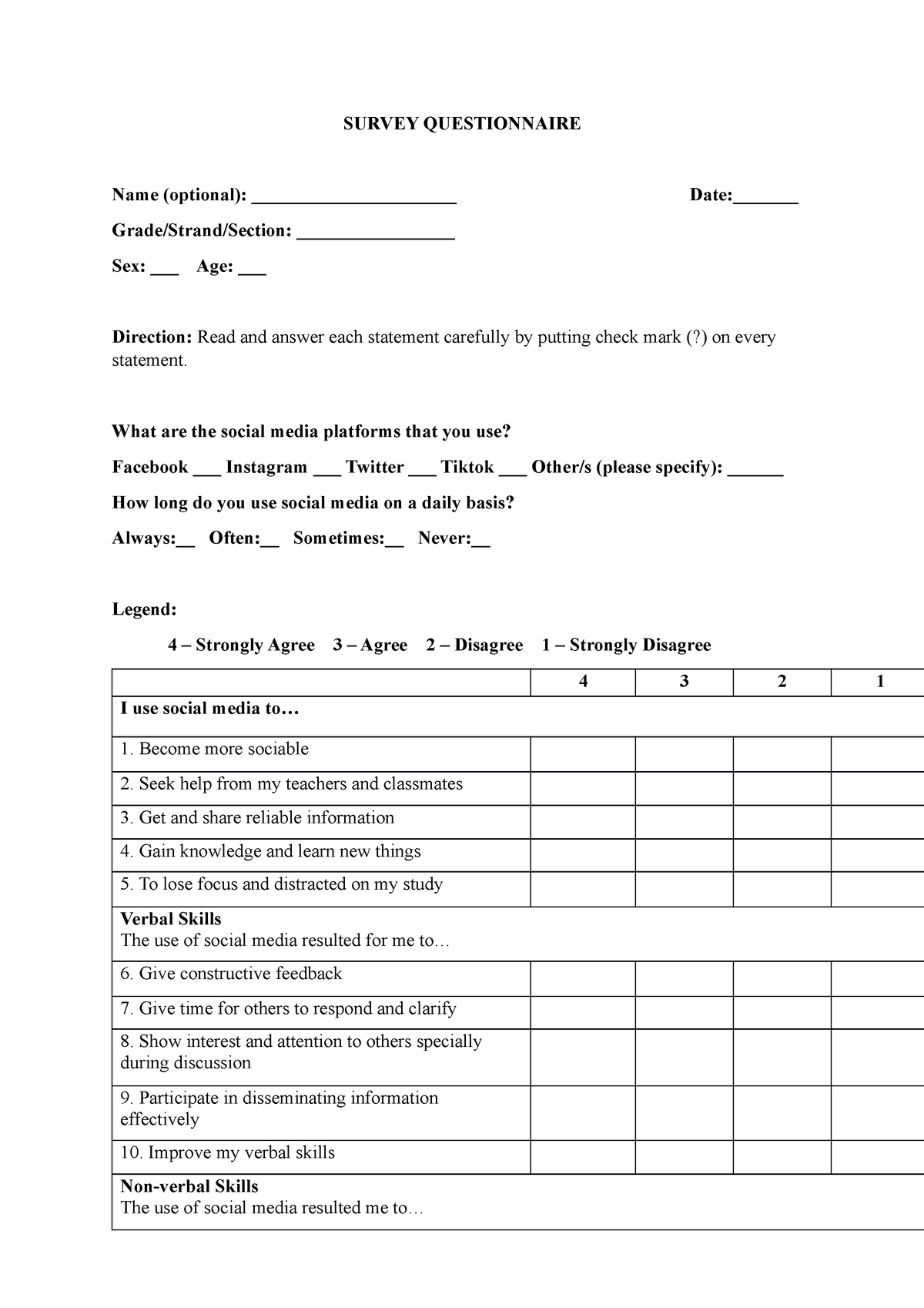 Survey Questionnaire - SURVEY QUESTIONNAIRE Name (optional ...