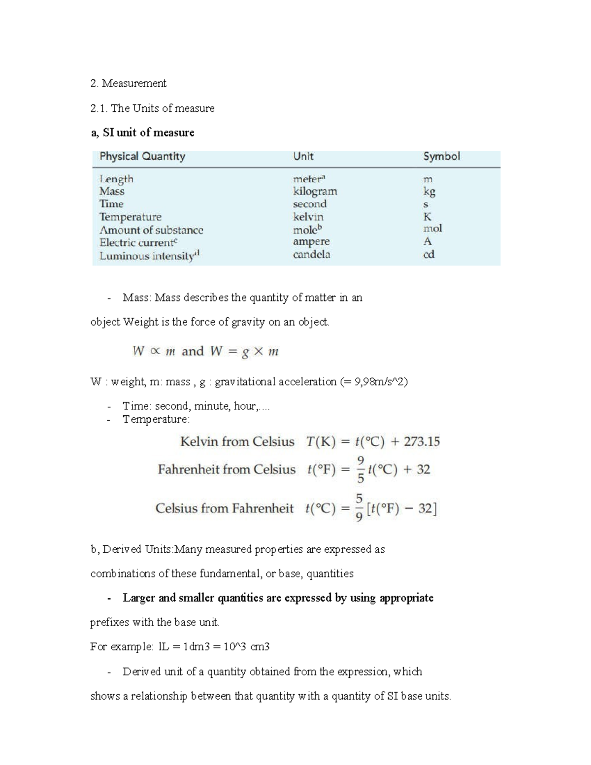 Chapter 1 - Google Tài liệu - Measurement The Units of measure a, SI ...