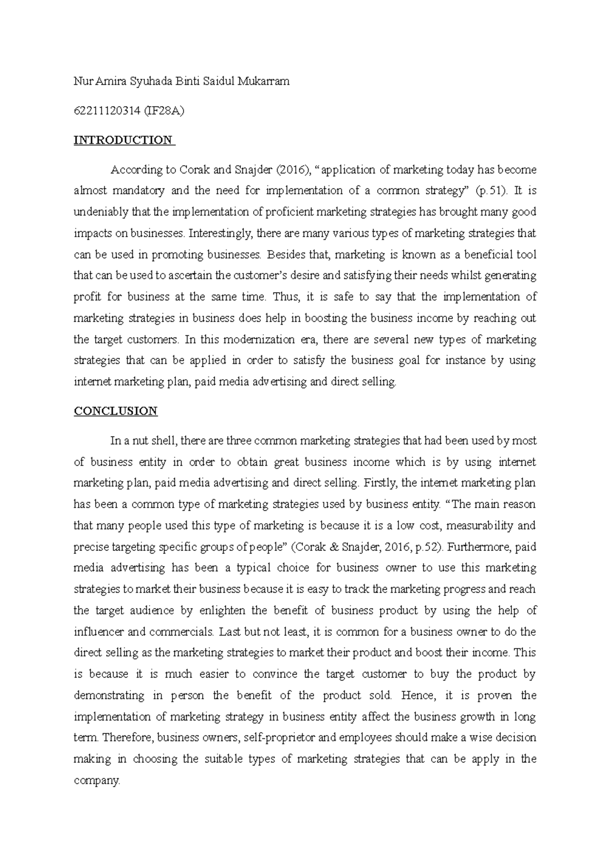 Marketing strategies assignment for clarification essay - Nur Amira ...