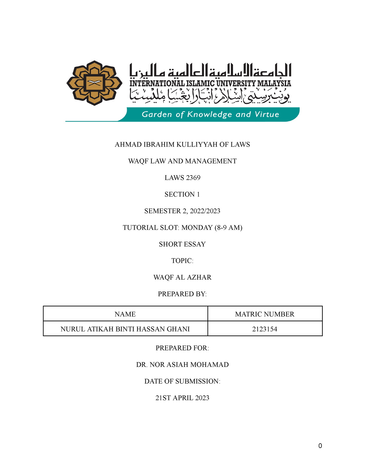 2123154- Tutorial W5 - AHMAD IBRAHIM KULLIYYAH OF LAWS WAQF LAW AND ...