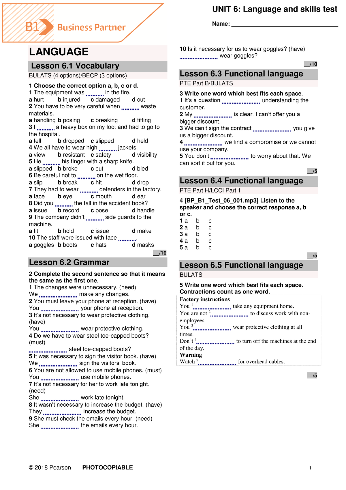 BP B1 Tests Unit6 - Tốt - © 2018 Pearson PHOTOCOPIABLE 1 UNIT 6 ...