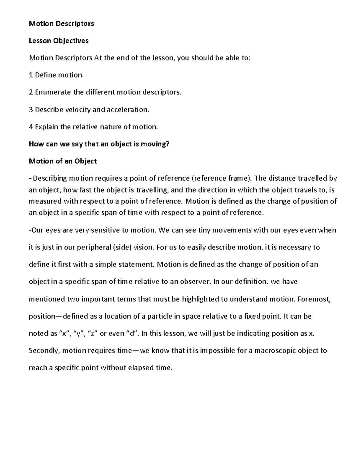 MotionDescriptors Lecture notes 1 Motion Descriptors Lesson