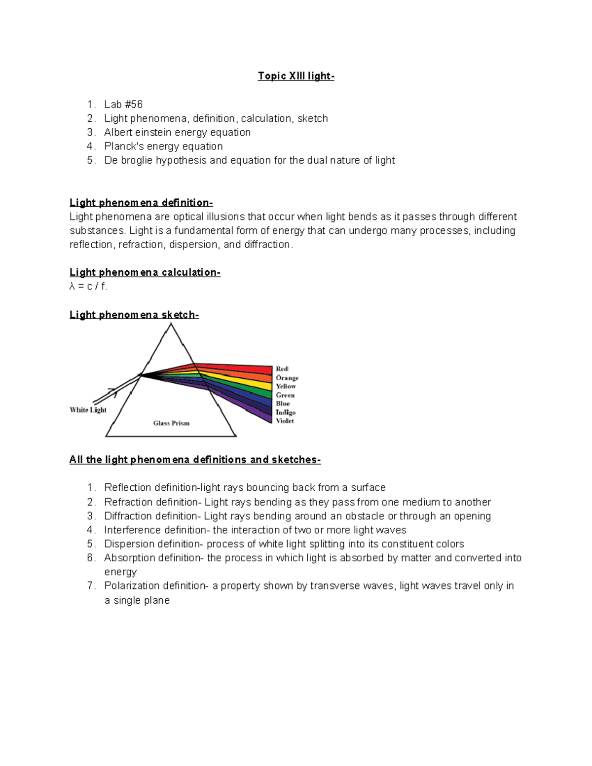 Topic XIII Light - Topic XIII light- Lab # Light phenomena, definition ...