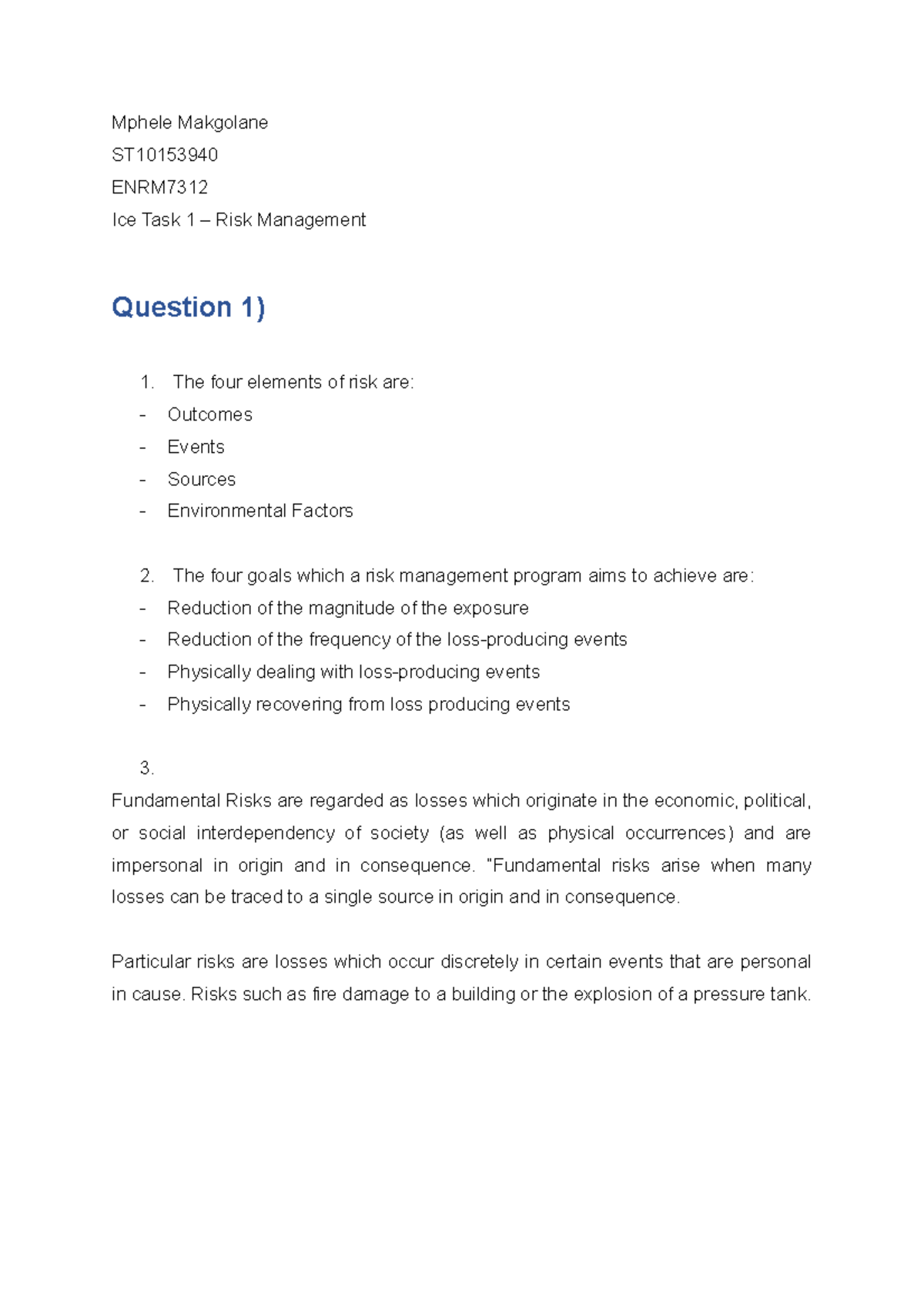 ENRM Ice Task 1 - Ice Task - Mphele Makgolane ST ENRM Ice Task 1 – Risk ...