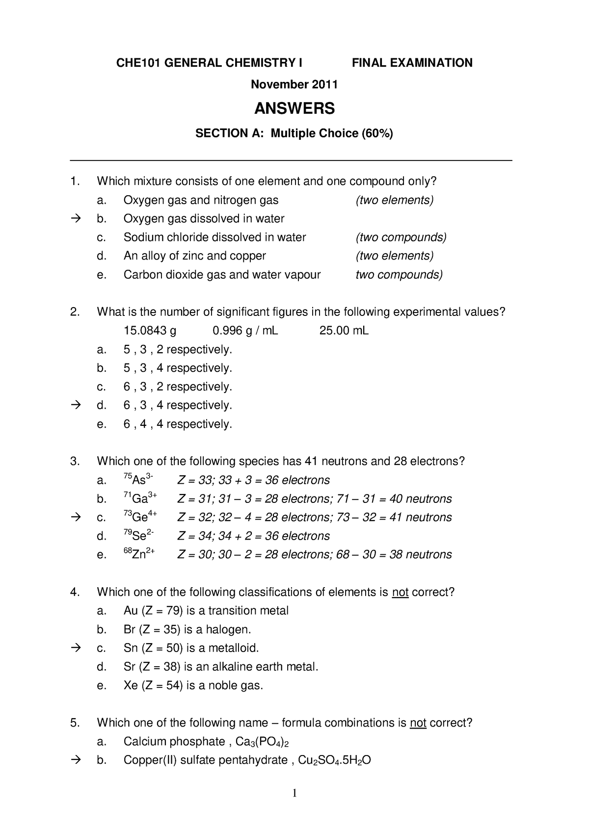 Exam - CHE101 2011-12 Sem1 - Answers - CHE101 GENERAL CHEMISTRY I FINAL ...