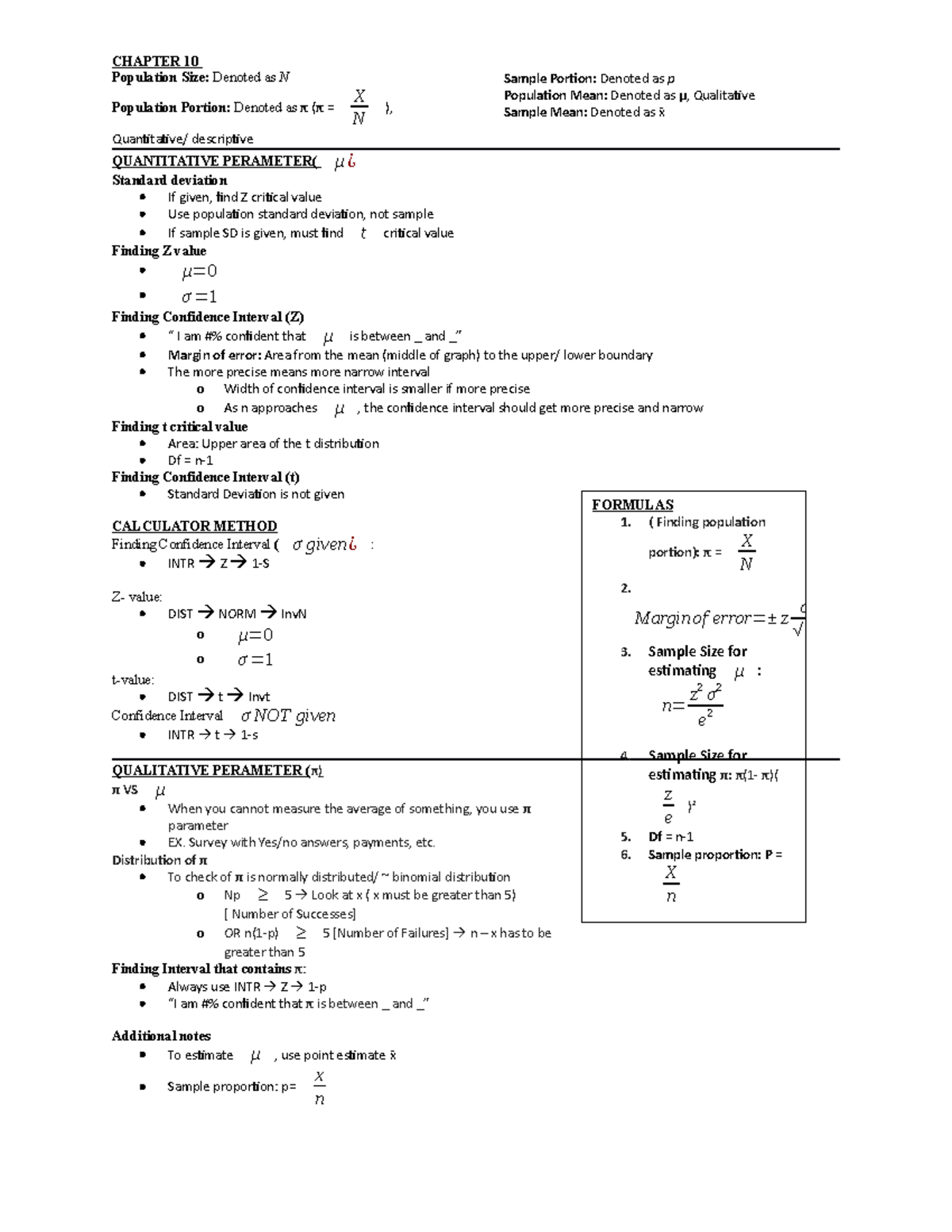 QMS202 midterm 1 - Crib sheet - CHAPTER 10 Population Size: Denoted as ...