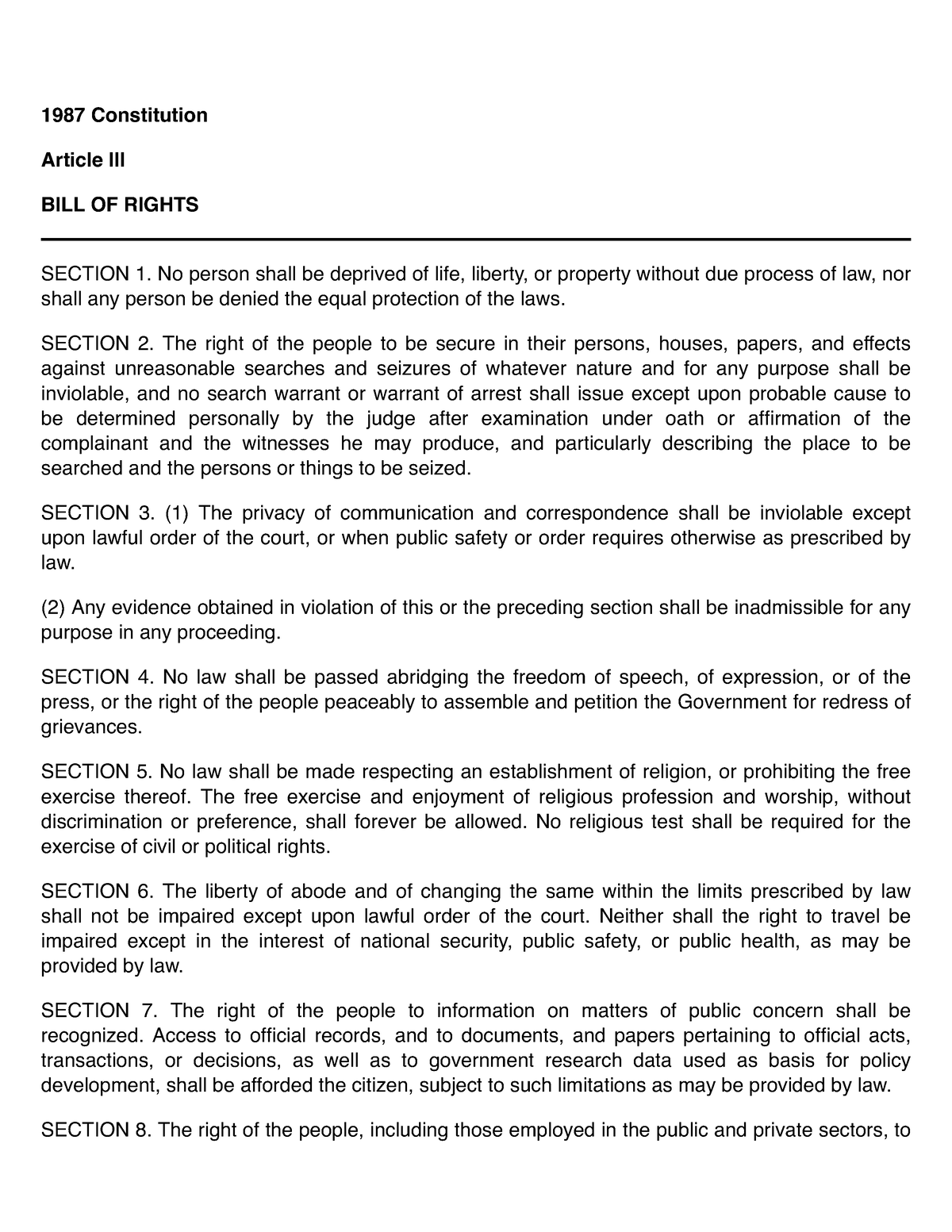 Bill Of Rights Article Iii 1987 Constitution Article Iii Bill Of Rights Section 1 No Person