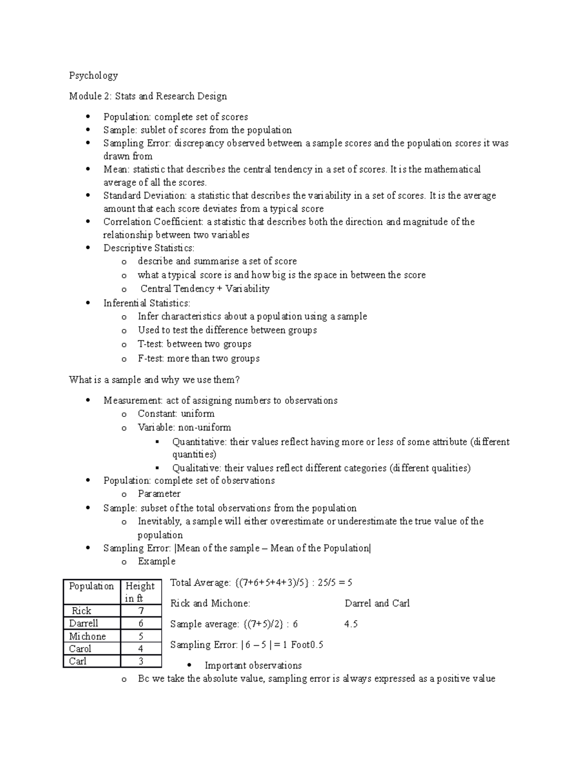 Psych Notes - Psychology Module 2: Stats and Research Design Population ...