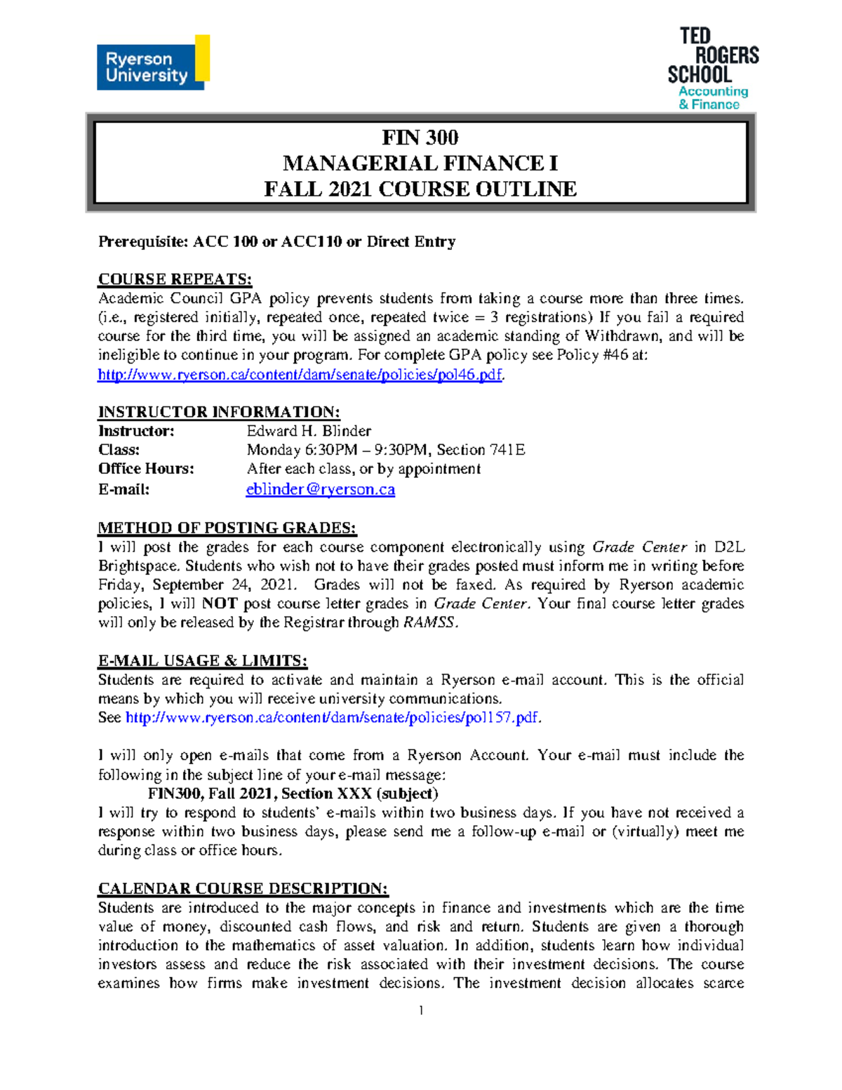 FIN 300 - Fall 2021 Course Outline -Section 741E - FIN 300 MANAGERIAL ...