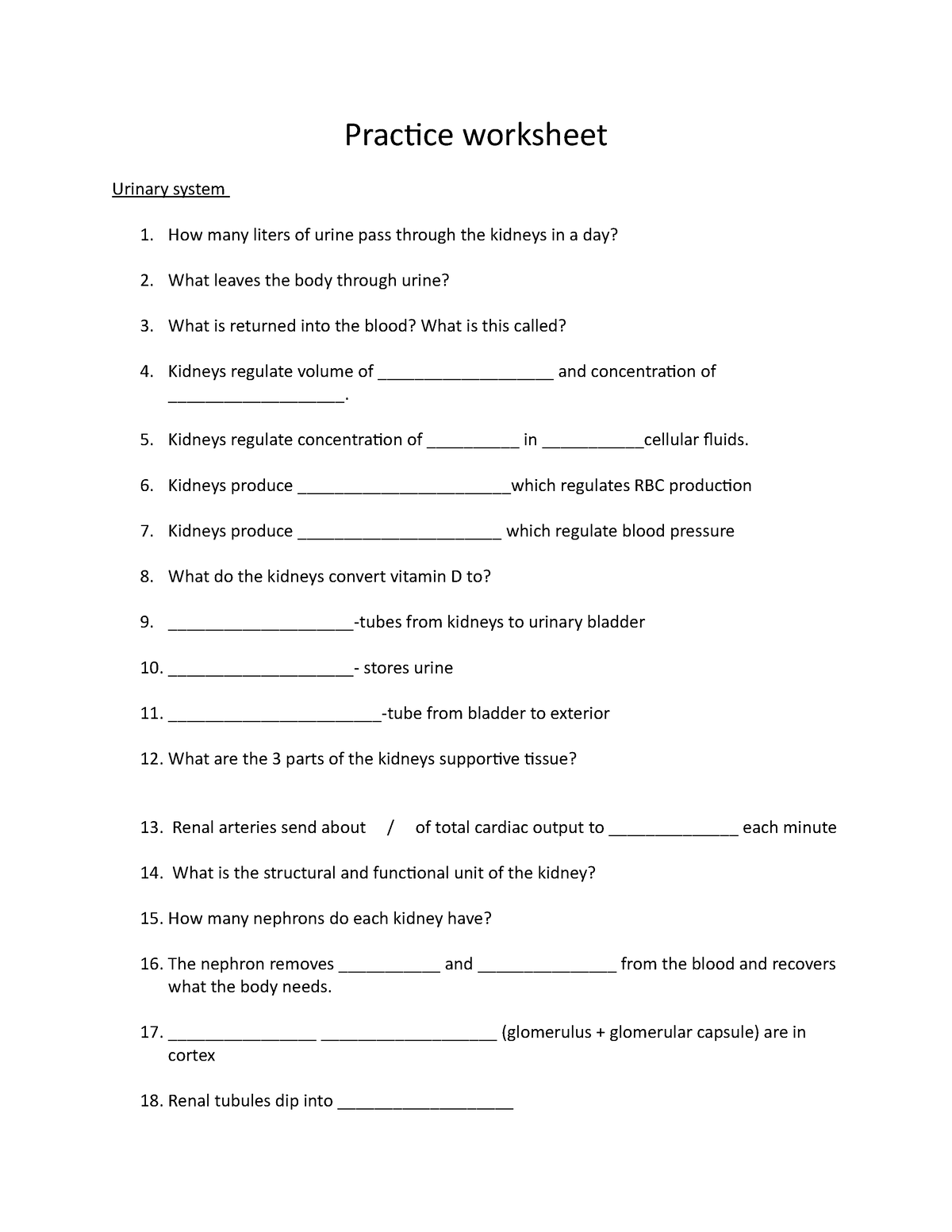 Practice worksheet from ppt urinary - Practice worksheet Urinary system ...